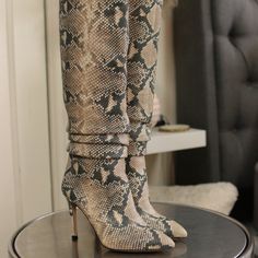 Beautiful High Heel Boot In Great Shape. Snakeskin Is Stape And A Trend This Season! Snake Print Leather Boots With Pointed Toe, Elegant Heeled Boots With Snake Print And Pointed Toe, Elegant Snake Print Heeled Boots With Pointed Toe, Elegant Snake Print Boots For Party, Snake Print Leather Heeled Boots With Pointed Toe, Leather Snake Print Heeled Boots With Pointed Toe, Fitted Leather Boots With Snake Print, Fitted Leather Snake Print Boots, Elegant Leather Snake Print Boots