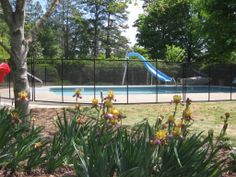 a pool with a slide in the background and some flowers near by on the grass