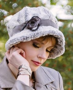 Grace Hat in Khaki Faux Fur shown on Model features Midori Velvet Band with Curl Gray Feather | By Pandemonium Millinery | Seattle WA USA Ruff Collar, Pheasant Feather, Fleece Hats, Handmade Hats, 1920s Style, Crochet Cap, Feather Trim, Fur Fabric, Fancy Hats