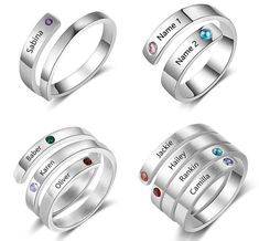 four different types of rings with names on them