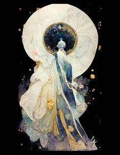 an illustration of a woman in white dress standing next to a large moon and stars