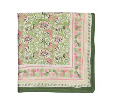 a green, pink and white square scarf with an ornate design on the bottom corner