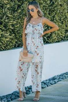 Floral Print Spaghetti Strap Ruffled Wide Leg Jumpsuit Casual Ruffled Jumpsuits And Rompers, Summer Ruffle Jumpsuits And Rompers, Chic Summer Cami Jumpsuits And Rompers, Summer Ruffled One-piece Jumpsuits And Rompers, Chic Cami Jumpsuits And Rompers For Spring, Summer One-piece Jumpsuits And Rompers With Ruffles, Summer Ruffles One-piece Jumpsuits And Rompers, Chic Cami Jumpsuits For Summer, Casual Summer Jumpsuits And Rompers With Ruffles