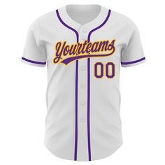 Custom White Purple-Gold Authentic Baseball Jersey Cheap Collegiate Baseball Jersey For College, Cheap Varsity Jersey For Sports Season, Cheap Breathable Baseball Jersey, Cheap Breathable Crew Neck Baseball Jersey, Cheap Team-colored Baseball Jersey For Sports Season, Custom Baseball Jersey, Blue Football, Custom Jerseys, White Jersey