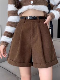 Color: Brown, Size: S Junior Pants, Streetwear Korean, Shorts With Belt, Long Summer Dresses Maxi, Ladies Shorts, Streetwear Shorts, Corduroy Shorts, Mini Sundress, Belted Shorts