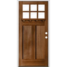 a wooden door with two sidelights and a glass paneled window on the top