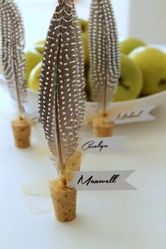 there are apples in the bowl and two small feathers on top of each bottle stoppers