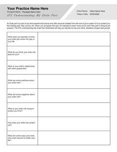 An Exile part is a part of you that experienced trauma and often became isolated from the rest of your system to try to protect you from feeling pain, fear, sorrow, etc. When you recognize this part, it’s important to learn more and to see if this part is doing its job properly. This IFS Understanding My Exile Part Worksheet will help you identify its role and intent.  Our Internal Family Systems Understanding My Exile Part Worksheet (Editable, Fillable, Printable) is perfect for counselors, psychologists, psychiatrists, social workers, therapists, and other mental health professionals.

This Internal Family Systems Understanding My Exile Part Worksheet can be downloaded and used with all your clients, giving them the ability to fill it out on a digital device or print it out.
This templat Family Systems Therapy Activities, Trigger Identification Worksheet, Family Systems Therapy, Internal Family Systems Worksheets, Internal Family Systems Parts, Internal Family Systems Therapy Worksheets, Internal Family Systems Parts Mapping, Distress Tolerance Worksheets, Existential Therapy