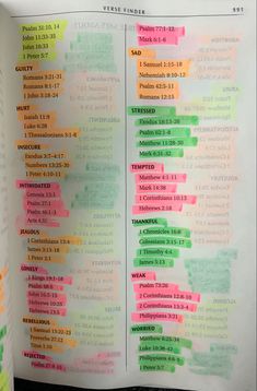 an open bible with colorful notes on the pages and numbers written in different languages,