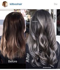 Gunmetal grey hair More Brown Hair With Silver Highlights, Grey Balayage, Grey Hair Color, Ombre Hair Color, Gray Hair, Brown Hair Colors