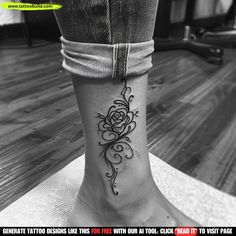 a black and white photo of a woman's foot with a rose tattoo on it