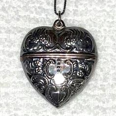 30” Chain With 15” Drop. Circa 1870’s. Victorian Style Sterling Silver 925 Heart Locket Pill Box Pendant Chain Necklace. Victorian Style Necklace With Oxidized Finish For Gifts, Victorian Style Necklace With Oxidized Finish, Victorian Oxidized Finish Necklace For Gift, Vintage Antique Silver Heart Pendant Jewelry, Victorian Silver Jewelry For Valentine's Day, Victorian Silver Heart Pendant Locket Necklace, Antique Silver Heart Locket Necklace, Silver Heart Pendant Locket Necklace With Vintage Charm, Antique Silver Victorian Necklace For Keepsake