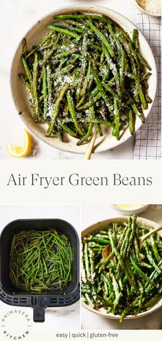 air fryer green beans in a skillet with lemon wedges