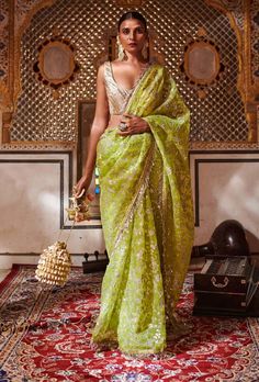 Itrh | Neon Green Gota Patti Saree | INDIASPOPUP.COM Gota Patti Saree, Saree Floral, Green Saree, Blouse For Women, Indian Fashion Designers, Indian Fashion Dresses, Desi Fashion, Silk Organza, Indian Ethnic Wear