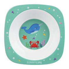 a plate with an image of a fish and crab on it, in the shape of a bowl