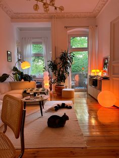 a living room filled with furniture and a cat laying on the floor