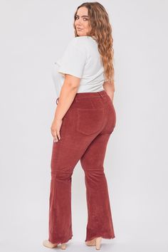 Step up your vintage style in our Women's Plus Corduroy Flare. These bell-bottom pants are in a textured corduroy and flare silhouette. Designed slim in the hips and thighs, as well as with a high-rise and a seam behind the knee for an extra flattering fit. Featuring a frayed hem to spice things up! We love these styled with a band tee and sneakers for a trendy look or a sweater vest and booties.Product Details- High-Rise - 1-Button Closure with Zipper - 5 Pocket Construction- Flare Silhouette S Plus Size Corduroy, Corduroy Flare Pants, Ymi Jeans, Bell Bottom Pants, Olive Color, Taupe Color, Bell Bottom, Band Tees, Flare Pants