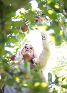 a woman reaching up to pick an apple from the tree