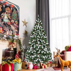 a decorated christmas tree sitting next to a living room filled with furniture and presents on the floor