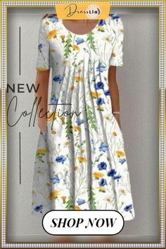 Casual Flower Round Neck Medium Length Straight Dress Casual Floral Patchwork Dress For Summer, Casual Summer Floral Patchwork Dress, White Floral Patchwork Dress For Spring, Casual White Dress With Floral Patchwork, Casual Flowy Floral Patchwork Dresses, Casual Floral Patchwork Summer Dress, White Floral Patchwork Short Sleeve Dresses, Casual Flowy Dress With Floral Patchwork, Casual Summer Dress With Floral Patchwork