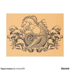 a drawing of a mermaid riding a horse on top of an ocean wave with waves in the background