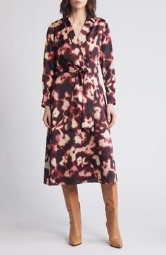 An abstract print lends an artistic flourish to this long-sleeve shirtdress designed in a graceful faux-wrap silhouette. 47" length (size 8) Hidden side-zip closure Surplice V-neck Spread collar Long sleeves with button cuffs Attached sash Partially lined 100% polyester Dry clean Imported Shirtdress, Abstract Print, Side Zip, Size 16, Size 12, Dry Clean, Size 10, Nordstrom, Long Sleeves