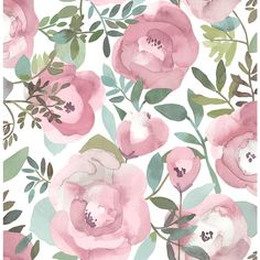 watercolor pink flowers on white background with green leaves and buds in the center, seamless