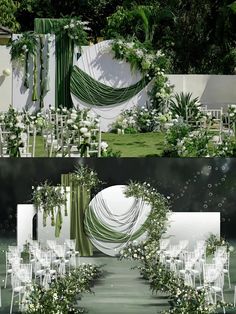 the wedding set up is decorated with white flowers and green draping for an outdoor ceremony