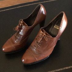 Very Unique Pair Of Oxfords. Comfortable Yet, Stylish Heels. Worn A Few Times But Still In Very Good Condition. Classic Ankle-high Heels For Office, Elegant Leather Ankle-high Court Shoes, Ankle-high Heels With Leather Sole For Work, Ankle-high Heels With Leather Sole For Business, Elegant Ankle-high Leather Court Shoes, Formal High Heels With Brogue Detailing, Elegant Spring Heels With Brogue Detailing, Leather Sole Ankle Boot Heels For Work, Classic Ankle Boot Heels For Work