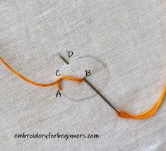 an orange thread is hooked up to the end of a piece of fabric