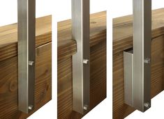 three different angles of a wood and metal door handle on a white background, with four sections showing the same design