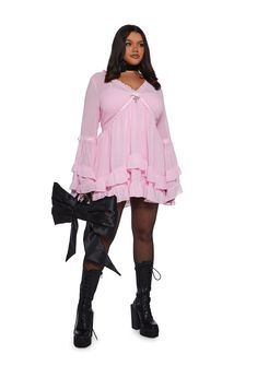 Be heavenly in this chiffon mini dress which has tiered bell sleeves, ribbon detailing, ruffled trim, a plunging neckline, and a tiered skirt. Dress With Bell Sleeves, Sugar Thrillz, Chiffon Mini Dress, Fairy Dress, Bell Sleeve Dress, Tiered Skirt, Kawaii Fashion, Plunging Neckline, Sewing Inspiration