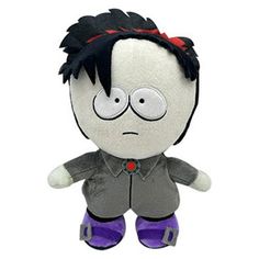 the walking dead rick plush toy with black hair and purple pants, sitting on a white background