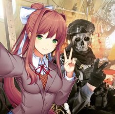 an anime character with long red hair and green eyes pointing to the side while another person in uniform stands behind her