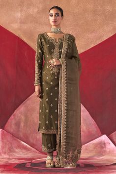 Olive green chanderi kurta with dori and aari hand embroidery. Comes with pant and an organza dupatta. - Aza Fashions Indian Outfits Simple, Boat Neck Kurta, Desi Outfits, Kurta Set For Women, Organza Dupatta, Kurta With Pants, Suit Designs, Indian Designer, Indian Designer Wear