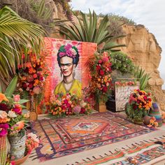 an area with rugs, potted plants and paintings