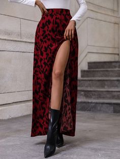 Red Sexy Collar  Fabric Graphic Slit Embellished Non-Stretch  Women Clothing Thigh Skirt, Traditional Skirts, Women Tie, Women Skirts, Style Noir, Women Maxi, Fashion Gallery, Basic Tops, Easy Wear