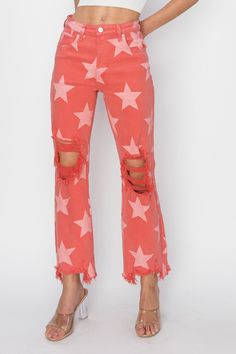 Distressed Raw Hem Star Pattern Jeans is a pair of jeans full of personality, with a unique star pattern and ripped treatment, showing a stylish rock 'n' roll style. The raw, unadorned edges at the cuffs add a touch of rebellion. These jeans are the perfect choice to show off your personality and fashion sense, whether paired with a t-shirt, shirt or jacket. Wear these jeans to make you stand out from the crowd and take center stage. Features: Distressed, Raw Hem, Pocketed Stretch: Slightly stre Pattern Jeans, Rock N Roll Style, Patterned Jeans, Peach Blossom, Star Jeans, Peach Blossoms, Star Pattern, Straight Pants, Star Patterns