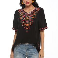 PRICES MAY VARY. 【 Mexican Embroidered Tops 】 --- This Fashion Summer Tops Is an Mexican Embroidered Tops for Women. Cute and Flattering Floral Embroidery All Around the V Neck and Short Sleeve. An Real Well-made Mexican Peasant Blouse for Daily Dressing. 【 Boho & Hippie Style 】-- Combined of Boho and Hippie Clothes Fashion, This Boho Tops for Women Is A Good Choice for Ladies Prefer Mexican Costume, Boho Clothing, Gypsy Clothes... 【 Soft & Comfortable Fabric 】 --- The Flowers Embroidered Mexica Bohemian V-neck Embroidered Top, Folk Style V-neck Blouse With Embroidered Neckline, Bohemian V-neck Blouse With Multicolor Embroidery, Bohemian Multicolor Embroidered V-neck Top, Black Bohemian Printed Blouse, Bohemian Tops With Geometric Embroidery For Vacation, Bohemian Embroidered V-neck Blouse, Bohemian Tops With Geometric Embroidery, Traditional V-neck Top With Boho Print