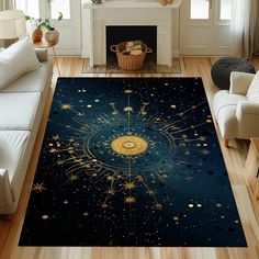 a living room area rug with an image of the sun and stars in the sky