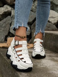 Women Cut Out Buckle Decor Wedge Sneakers, Sporty Outdoor Wedge Sneakers White         Women Shoes, size features are:Bust: ,Length: ,Sleeve Length: Hidden Heel Sneakers, Casual Flat Shoes, White Shoes Women, Casual Sport Shoes, Wedge Sneakers, Womens Wedges, White Casual, Sneakers White, Fashion Online Shop