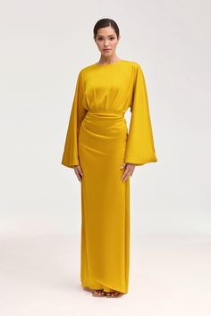 Cedra Satin Wrap Maxi Dress - Honey Clothing Veiled White Dress Formal, Nikkah Dress, Dresses Flowy, Yellow Maxi Dress, Wrap Maxi Dress, Flare Sleeves, Engagement Dresses, Column Dress, Full Length Dress