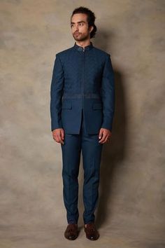 Shop for Gargee Designers Blue Polyester Viscose Woven Bandhgala Set for Men Online at Aza Fashions Embroidered Bandhgala, Blue Bandhgala, Indian Wedding Suits Men, Stylish Boy Clothes, Suits And Sneakers, Black Tie Optional, Embroidered Collars, Stylish Boys, Wedding Suits Men