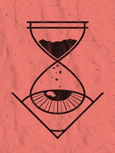 an hourglass with sand running through it on top of a pink background that has mountains in the distance