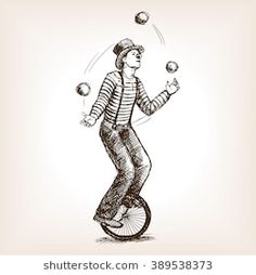 a drawing of a man juggling balls on a unicycling bike