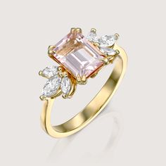 Guaranteed to take your breathe away, the 1.50CT morganite stone at the core of the Daphne is serene. The morganite is adorned with 6 dazzling marquise diamonds, contributing extra glamour to the ring. The elegance of this piece is incomparable as it radiates royalty and allure. Due to the nature of the stone the color of the morganite may vary. All features can be customized! Please contact us if you wish to make changes, we love making custom designs. All of our jewelry is carefully handmade i Morganite Diamond Ring With Accent Stones, Blush Diamond Jewelry With Center Stone, Heirloom Morganite Diamond Ring With Gemstone, Fine Jewelry Blush Color With Center Stone, Morganite Diamond Ring With Brilliant Cut, Morganite Topaz Ring With Accent Stones For Promise, Pink Morganite Ring With Gemstone Accents, Pink Morganite Emerald-cut Jewelry, Fine Jewelry Pink Topaz Ring With Gemstone Accents