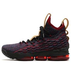 the nike kd basketball shoe is shown in black, red and gold