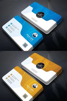 three different business cards on top of each other with the same color scheme and size