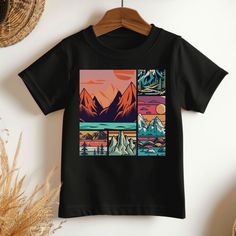 This T-Shirt features six colorful mountain scene panels, giving off an outdoorsy vibe. Perfect for nature lovers and outdoor enthusiasts, this tee is ideal for casual wear. It is a great addition to a wardrobe for summer outings, vacations, hiking trips, and camping adventures.  ☑️ STEPS TO ORDER Select shirt style (if applicable) Select color Select design and/or personalization (write words in box if applicable) Select quantity Add to cart (if you want more than one style or color, repeat pro Outdoor Multicolor Cotton Tops, Black Graphic Print Top For Outdoor Activities, Graphic Tee For Outdoor Activities, Black Short Sleeve Top For Camping, Black Graphic Print T-shirt For Camping, Black Graphic Print Shirt For Outdoor Activities, Black Graphic Print T-shirt For Outdoor, Black Graphic Print T-shirt For Adventure, Black Short Sleeve Adventure Shirt