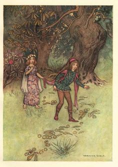 an illustration of two women walking in the woods with trees and flowers behind them, one holding her hand out to another woman